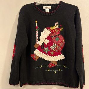 PRICE REDUCED!!  Xmas Sweater Santa Front Plaid Elbow Patches Ramie/Cotton
